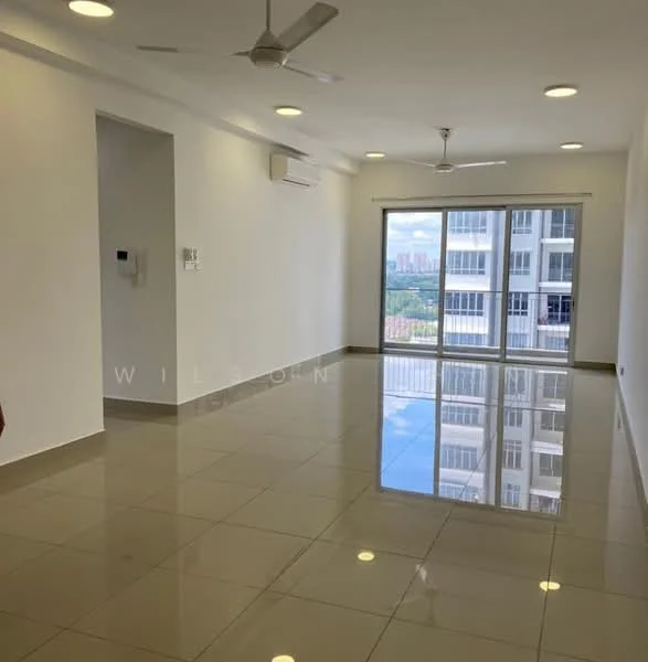 Living features: white painted walls, glossy ceramic tile flooring, recessed downlights, 2 ceiling fans, floor-to-ceiling windows, sliding glass door, city view, air conditioning unit; style: modern; view: city.