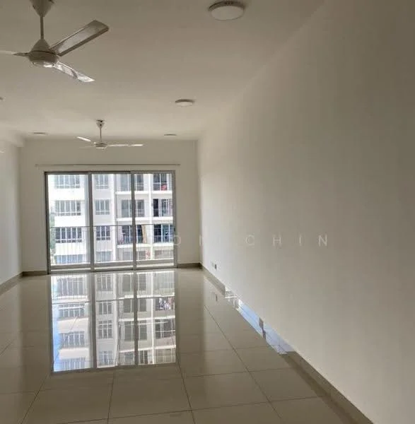 Living features: white painted walls, glossy ceramic tile flooring, 2 ceiling fans, floor-to-ceiling windows, sliding glass door, natural light from windows, neutral color scheme, open layout; style: modern; view: city.