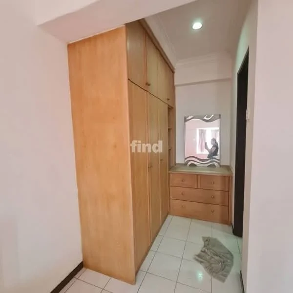 Room features: built-in wardrobe with wooden finish, mirror on dresser, drawers on dresser, white tiled flooring, white painted walls, ceiling light, neutral color scheme; style: modern.
