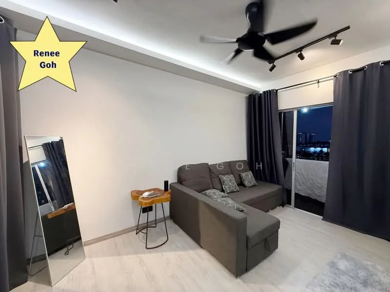 Living features: 3-seater fabric sofa in grey, coffee table, floor-to-ceiling windows, blackout curtains, 5-blade ceiling fan with light, recessed LED downlights, light wood laminate flooring, decorative mirror, decorative cushions; style: modern; view: city.