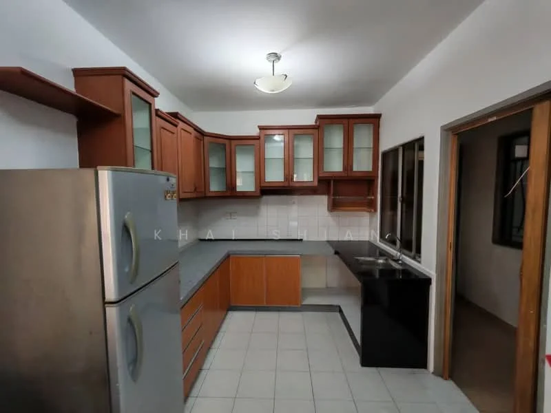 Kitchen features: stainless-steel fridge, wood cabinetry with glass fronts, grey countertop, double-bowl stainless-steel sink, chrome pull-down faucet, ceramic tile flooring, ceiling light fixture, window with black frame, open shelving, kitchen island with storage; style: modern.