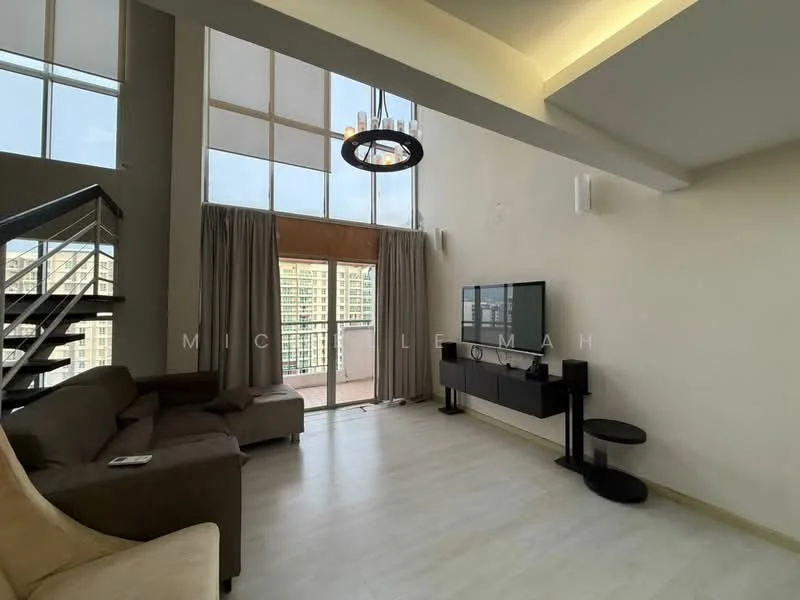 Living features: large floor-to-ceiling windows, light grey walls, wooden flooring, sofa in beige fabric, coffee table, wall-mounted TV, TV console, chandelier, curtains, balcony door, decorative wall panel; style: modern; view: city.