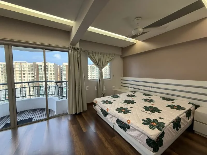 Bedroom features: queen-size bed, upholstered headboard, wooden flooring, floor-to-ceiling windows, sliding glass door, curtains, ceiling fan, decorative wall with brown paint; style: modern; view: city.