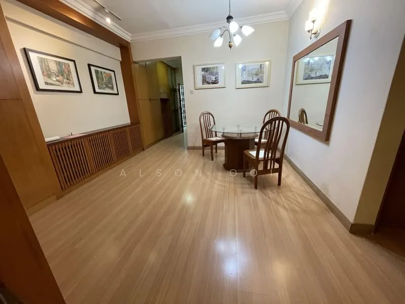 Dining features: wooden dining table with glass top, 4 wooden dining chairs, wooden sideboard with slatted design, framed artwork on walls, mirror on wall, laminate flooring, recessed ceiling lights, wall-mounted light fixtures, crown moulding, neutral painted walls; style: modern. Room features: neutral painted walls, laminate flooring, recessed ceiling lights, crown moulding.