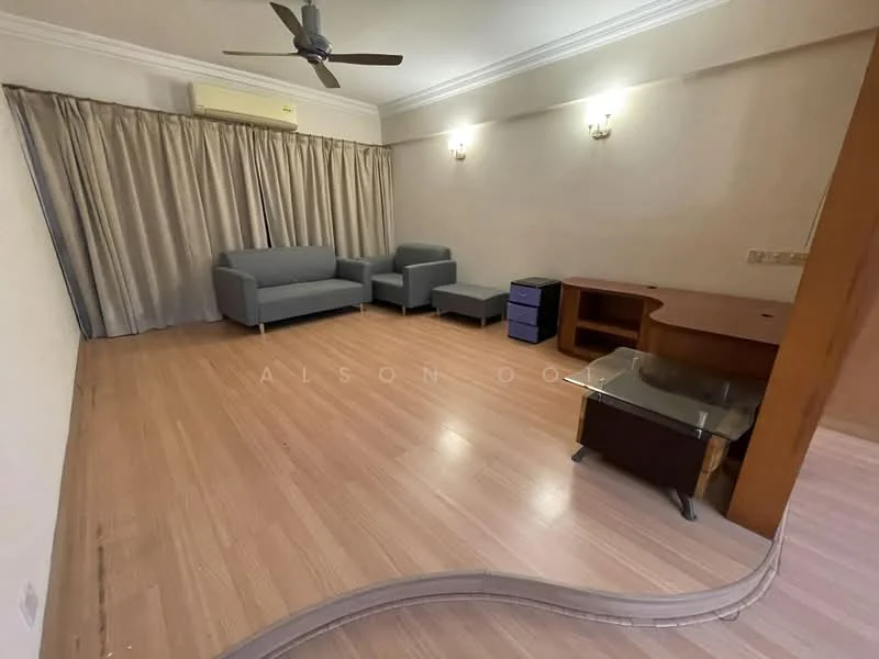 Living features: laminate flooring, cream painted walls, 5-blade ceiling fan, two grey fabric sofas, wooden coffee table, TV console, blue storage cabinet, wall-mounted air conditioning unit, wall sconces; style: modern.