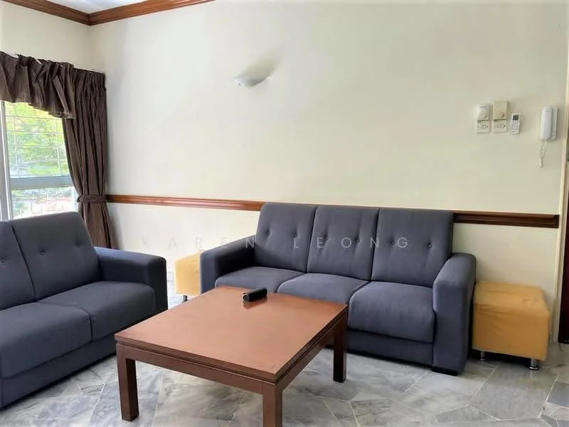 Living features: 2-seater fabric sofa in grey, 3-seater fabric sofa in grey, wood coffee table, light-colored walls, crown moulding, window with sheer curtains, wall-mounted light fixture, telephone intercom, wood trim, marble tile flooring; style: modern.