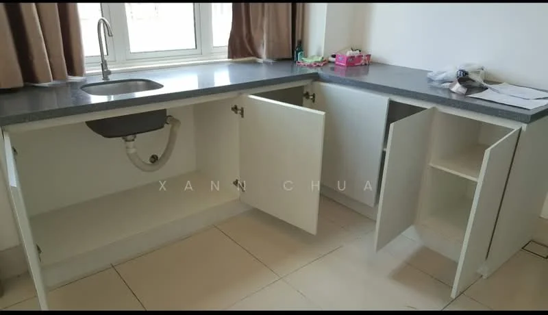 Kitchen features: single-bowl stainless-steel sink, chrome pull-down faucet, grey granite countertop, white cabinetry with doors, open shelving under countertop, tile flooring, window above sink, curtains on window; style: modern.