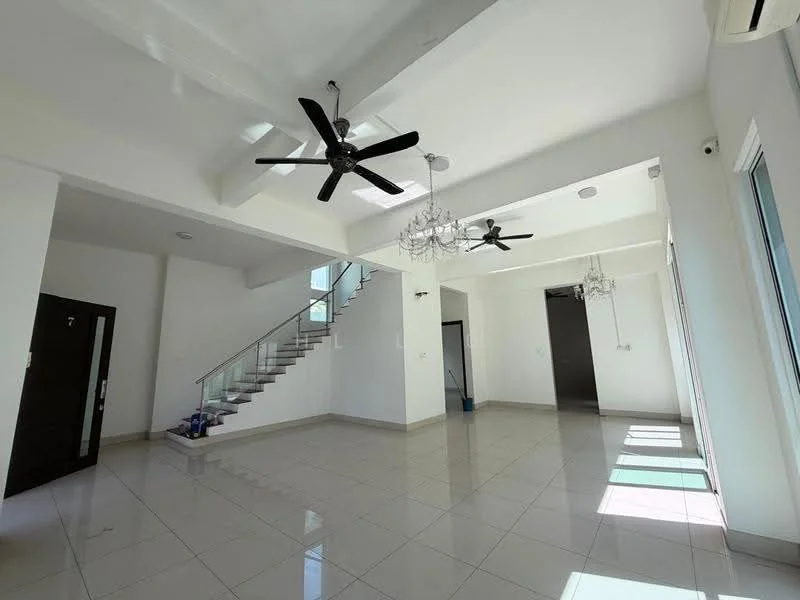 Living features: white painted walls, polished ceramic tile flooring, exposed beams ceiling, 2 ceiling fans, chandelier, floor-to-ceiling windows, sliding glass door, natural light from windows, staircase with glass railing, open layout; style: modern.