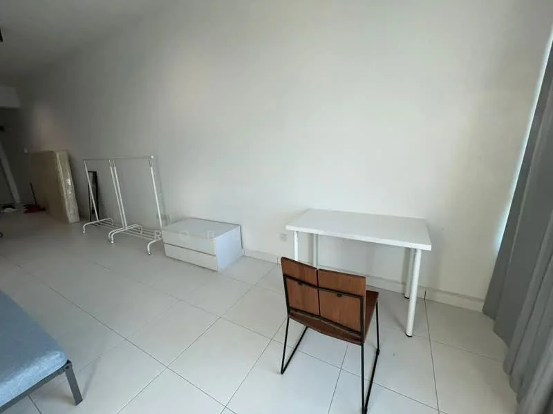 Room features: white painted walls, light-colored tile flooring, single white table, wooden chair, clothes rack, storage box, curtains, minimalist decor; style: minimalist.