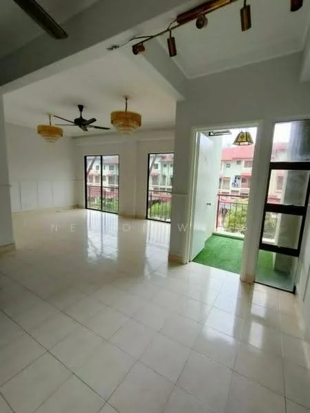 Living features: white painted walls, ceramic tile flooring, tray ceiling, 2 ceiling fans, 3 large floor-to-ceiling windows, sliding glass door, greenery view from windows, decorative light fixtures; style: modern; view: garden. Balcony features: green carpet flooring, metal railing, access from sliding glass door; view: garden.