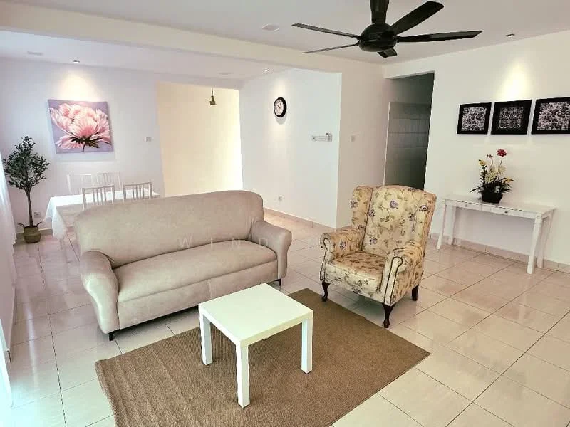 Living features: 3-seater fabric sofa in beige, armchair with floral pattern, white coffee table, area rug with natural fiber, wall-mounted clock, framed artwork with floral design, decorative plant in ceramic pot, white dining table with chairs in background, recessed lighting, ceiling fan with light; style: contemporary.