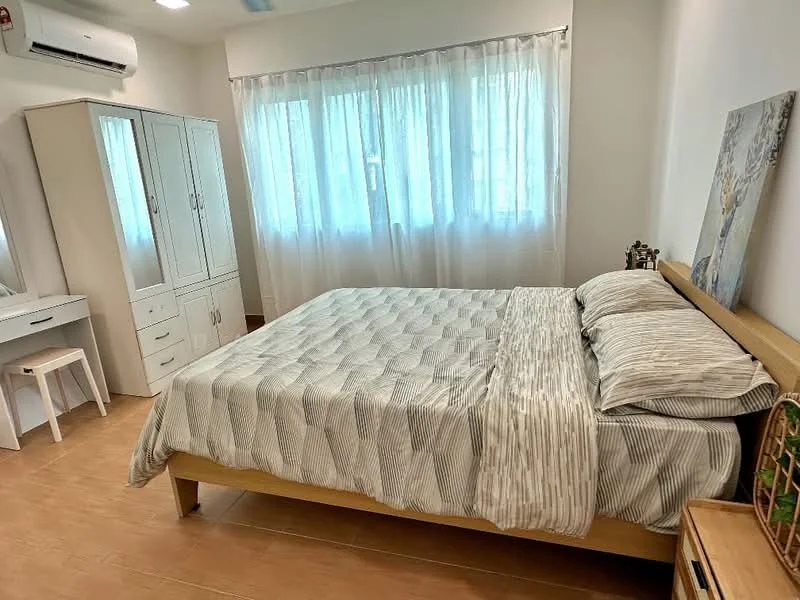 Bedroom features: queen-size bed with light grey bedding, wooden bed frame, 2 bedside lamps, built-in wardrobe with sliding doors, white desk with chair, floor-to-ceiling windows with sheer curtains, wooden flooring, air conditioning unit on wall; style: modern.