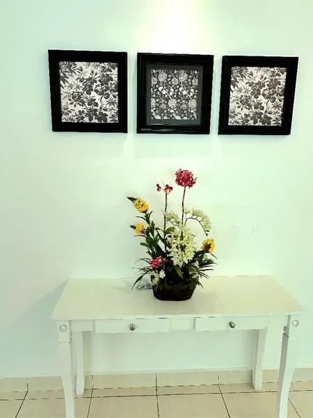 Room features: white painted walls, framed artwork with floral patterns, console table with drawers, decorative flower arrangement, ceramic pot for flowers, tile flooring; style: modern.