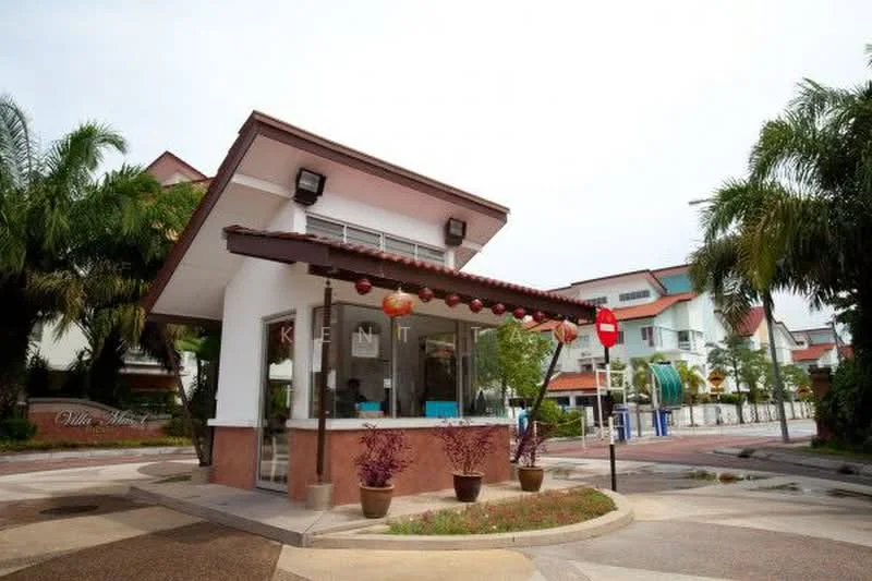 Exterior type: guard house; features: white painted facade, sloped roof with tiles, large windows, security booth, stop sign, decorative lanterns, potted plants, surrounding palm trees, paved walkway, road access; style: modern.