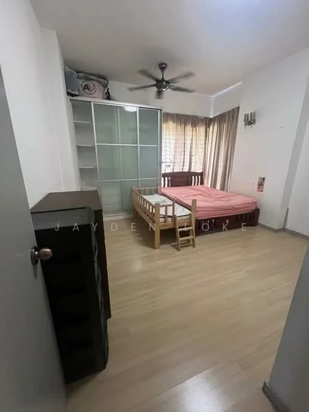 Bedroom features: wooden flooring, white painted walls, 5-blade ceiling fan, large window with sheer curtains, built-in wardrobe with glass doors, single bed frame, double bed frame, nightstand, decorative wall sconce; style: modern.
