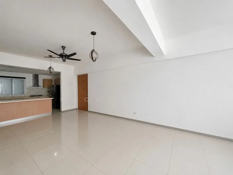 Living features: white painted walls, polished ceramic tile flooring, 5-blade ceiling fan with light, pendant lighting, open layout, large windows, neutral color scheme, no visible furniture; style: modern. Kitchen features: granite countertop, kitchen island, stainless-steel appliances, cabinets, open to living area; style: modern.
