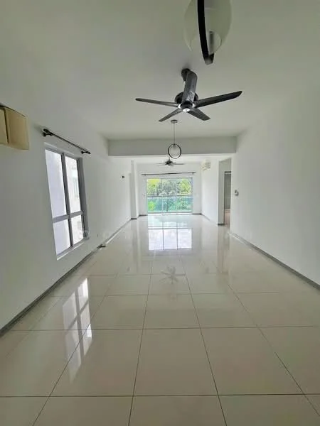 Living features: white painted walls, glossy tile flooring, 5-blade ceiling fan with light, large windows with sheer curtains, sliding glass door leading to outdoor area, recessed lighting, open layout, neutral color scheme; style: modern; view: garden.