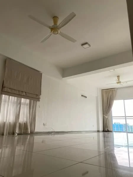 Room features: white painted walls, glossy tile flooring, 5-blade ceiling fan, large windows with sheer curtains, recessed ceiling lights, curtains, open layout, natural light; style: modern; view: city.