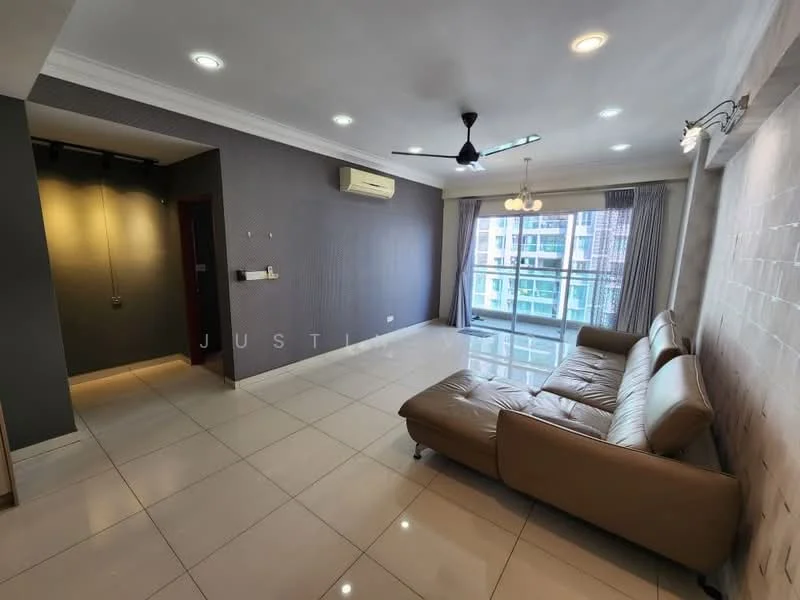 Living features: cream leather sectional sofa, white tiled flooring, grey painted walls, exposed brick accent wall, 5-blade ceiling fan with light, recessed downlights, floor-to-ceiling windows, curtains, air conditioning unit, wall-mounted TV, coffee table; style: modern; view: city. Room features: white painted walls, white ceiling, doorway leading to hallway.