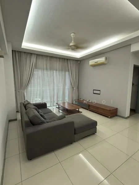 Living features: grey L-shape sectional sofa, wood coffee table, wall-mounted TV, floor-to-ceiling windows, sheer curtains, recessed downlights, ceiling fan, cream painted walls, glossy tile flooring, air conditioning unit; style: modern.