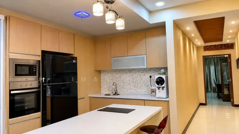 Kitchen features: light wood cabinetry, white quartz countertop, stainless-steel sink, chrome pull-down faucet, built-in oven, microwave, stainless-steel side-by-side fridge, glass tile backsplash, pendant lighting, recessed downlights, island with cooktop, bar stools, open layout, tile flooring; style: modern.