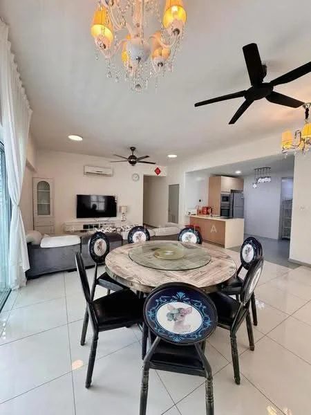 Dining features: round dining table with decorative center piece, 6 upholstered dining chairs with floral design, chandelier with multiple bulbs, 5-blade ceiling fan, wall-mounted TV, white painted walls, large sliding glass door, tile flooring, air conditioning unit, decorative wall art; style: modern; view: city. Living features: sofa with cushions, coffee table, TV console, open layout, natural light from large windows; style: modern; view: city. Kitchen features: kitchen island, stainless-steel appliances, white cabinetry, open shelving, tile backsplash; style: modern.