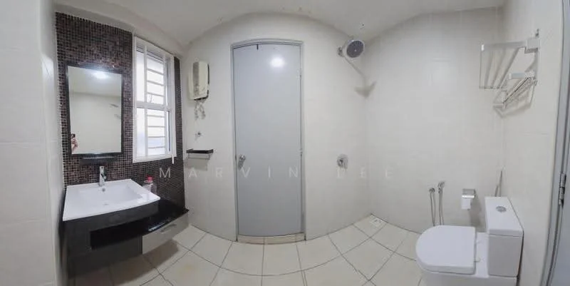 Bathroom features: white tiled walls, cream tiled flooring, single-sink vanity with black cabinet, framed mirror above vanity, chrome basin mixer faucet, one-piece toilet, shower area with handheld shower, window for natural light, wall-mounted towel rack, exhaust fan, door with grey finish; style: modern.