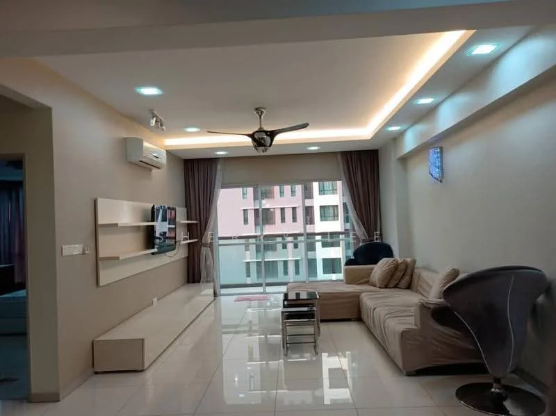 Living features: cream painted walls, white tiled flooring, recessed LED downlights, 5-blade ceiling fan with light, sofa in beige fabric, glass coffee table, TV console with wall-mounted TV, floor-to-ceiling windows with sheer curtains, balcony view, open shelving unit, decorative wall art; style: modern; view: city.