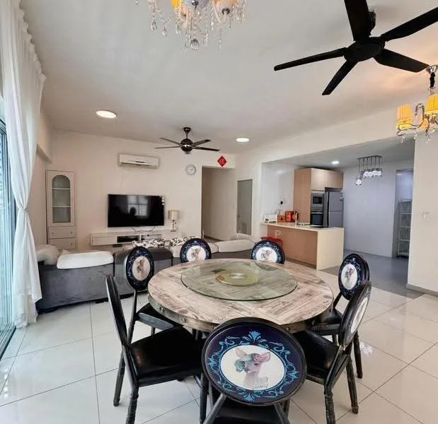 Dining features: round dining table with wooden top, 8 upholstered dining chairs with decorative backrests, chandelier with multiple bulbs, 5-blade ceiling fan with light, large sliding glass door, white sheer curtains, white painted walls, tile flooring, wall-mounted TV, air conditioning unit; style: modern; view: garden. Living features: L-shape sectional sofa in grey, coffee table, decorative wall clock, recessed ceiling lights; style: modern; view: garden.