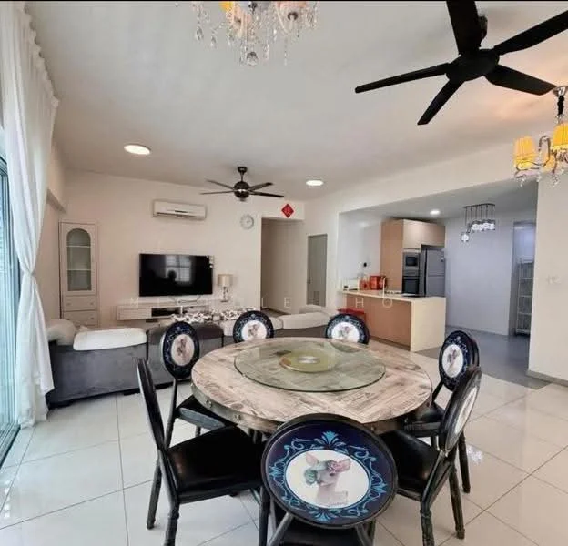 Dining features: round dining table with glass top, 6 upholstered dining chairs, ceiling fan with light, chandelier, white painted walls, tile flooring, wall-mounted TV, air conditioning unit, large sliding glass door, sheer curtains, decorative wall clock; style: modern; view: city. Living features: sofa, coffee table, TV console, wall-mounted TV, ceiling fan, white painted walls, tile flooring; style: modern; view: city. Kitchen features: kitchen island, stainless-steel appliances, white cabinetry, tile backsplash, open layout, recessed lighting; style: modern.