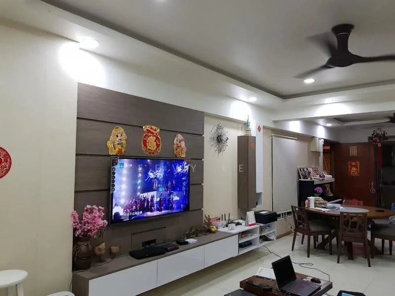Living features: wall-mounted TV, white TV console, decorative wall panels, 5-blade ceiling fan, recessed downlights, cream painted walls, tile flooring, decorative wall art, pink flowers in vase, dining table with chairs in background; style: modern.