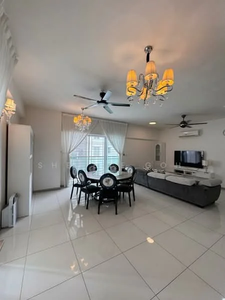 Living features: white painted walls, polished ceramic tile flooring, 5-blade ceiling fan with light, chandelier with multiple bulbs, dining table with 6 upholstered chairs, sofa in grey fabric, wall-mounted TV, air conditioning unit, floor-to-ceiling windows with sheer curtains, decorative wall clock, light fixtures on wall, decorative mirror; style: modern; view: city.