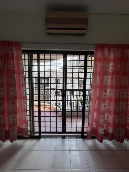 Room features: floor-to-ceiling sliding glass door, black metal security grille, pink patterned sheer curtains, white tiled flooring, wall-mounted air conditioning unit.