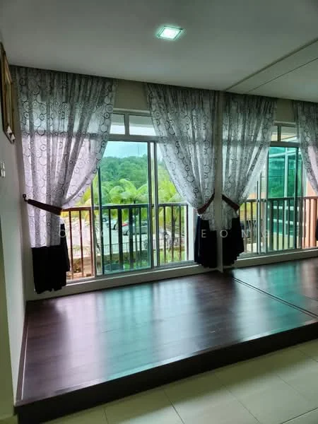 Room features: large windows, sheer curtains, blackout curtains, wooden flooring, white painted walls, balcony access, view of greenery; style: modern; view: garden.