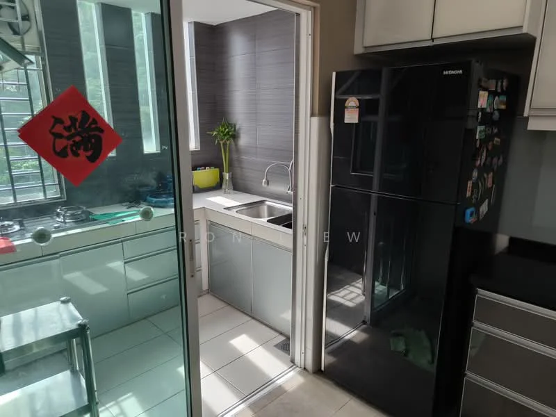 Kitchen features: white cabinetry, black countertop, double-bowl stainless-steel sink, chrome pull-down faucet, built-in gas hob with 4 burners, stainless-steel fridge, tile flooring, grey tiled backsplash, window with natural light, decorative wall art, open shelving; style: modern.