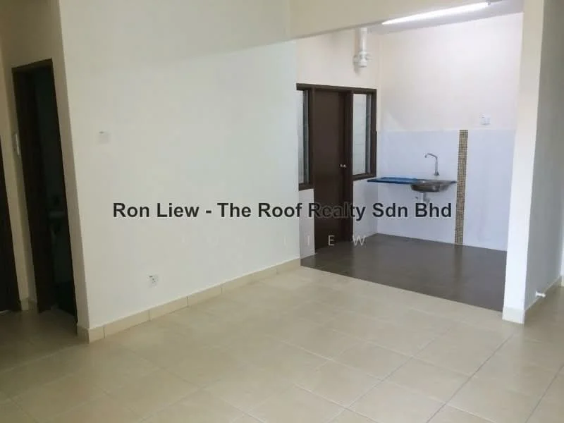 Room features: cream painted walls, tile flooring, kitchen area with sink, countertop, window, doorway leading to another room, light fixture, open layout.