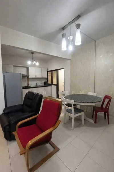 Dining features: round dining table, 4 dining chairs in various colors, pendant lighting with three bulbs, white walls, tile flooring, refrigerator, black kitchen countertop, open kitchen layout; style: modern. Living features: black leather recliner chair, red upholstered armchair, light-colored walls, tile flooring; style: modern.
