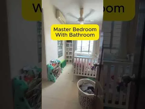 Bedroom features: cream painted walls, tile flooring, 5-blade ceiling fan, floor-to-ceiling windows, curtains, built-in wardrobe, crib, laundry basket, bookshelf, decorative shelving.