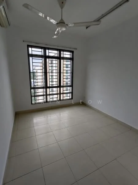 Room features: white painted walls, tile flooring, ceiling fan, floor-to-ceiling windows, window with grid pattern, city view, air conditioning unit; style: modern; view: city.