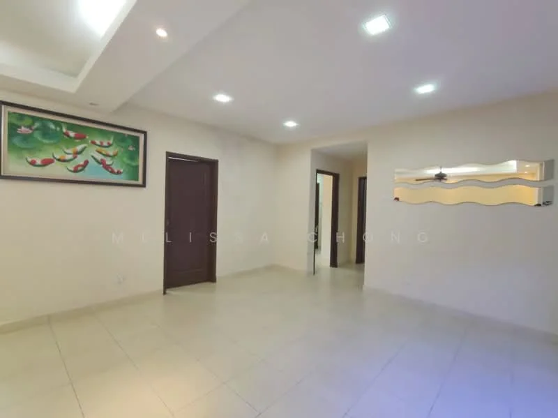Room features: cream painted walls, white ceiling with recessed downlights, light-colored floor tiles, wall-mounted decorative lighting, framed artwork on wall, two doorways leading to other rooms, no visible furniture; style: modern.