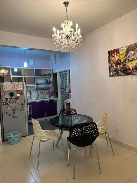 Dining features: glass dining table, 4 black plastic chairs with decorative backs, chandelier light fixture, white painted walls, tile flooring, refrigerator, kitchen cabinetry in the background, artwork on the wall; style: modern.