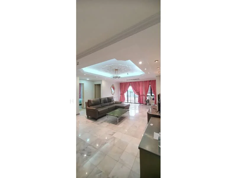 Living features: marble tile flooring, white painted walls, tray ceiling with recessed lighting, chandelier, large windows with sheer curtains, sofa in dark brown leather, glass coffee table, TV console, decorative wall with crown moulding, area rug, curtains in red fabric; style: modern; view: city.