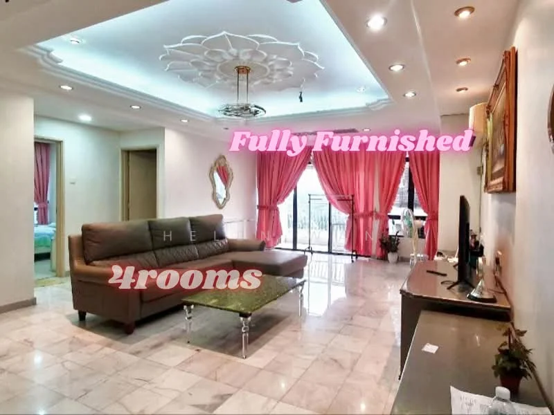 Living features: marble tile flooring, white painted walls, tray ceiling with decorative design, chandelier, 5-blade ceiling fan with light, large sliding glass door, sheer curtains, sofa in brown fabric, coffee table, TV console, wall-mounted TV, decorative mirror, area rug, potted plants; style: modern; view: garden.