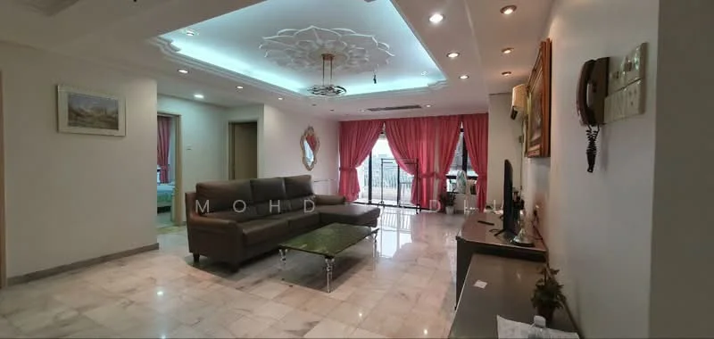 Living features: grey fabric L-shape sectional sofa, glass coffee table with metal base, marble tile flooring, white painted walls, tray ceiling with recessed lighting, ceiling fan with light, wall-mounted TV, TV console, large window with sheer curtains, decorative mirror, framed artwork, LED strip lighting; style: modern; view: city. Room features: pink curtains, doorway leading to another room.