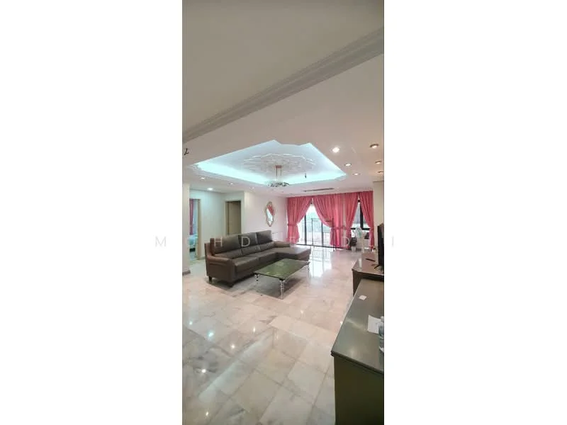 Living features: marble flooring, tray ceiling with recessed lighting, chandelier, large windows with city view, floor-to-ceiling curtains in pink, grey sectional sofa, coffee table, TV console, decorative wall with crown moulding; style: modern; view: city.