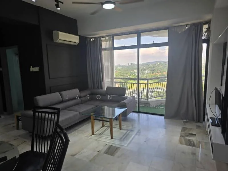 Living features: L-shape sectional sofa in grey, glass coffee table, floor-to-ceiling windows, sliding glass door, curtains, marble flooring, ceiling fan, wall-mounted TV, decorative wall paneling, view of greenery; style: modern; view: garden.