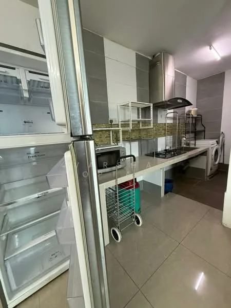 Kitchen features: stainless-steel fridge, built-in oven, ceramic tile flooring, white cabinets, grey backsplash, countertop with integrated sink, washing machine, open shelving, kitchen cart, wall-mounted range hood, recessed lighting; style: modern.