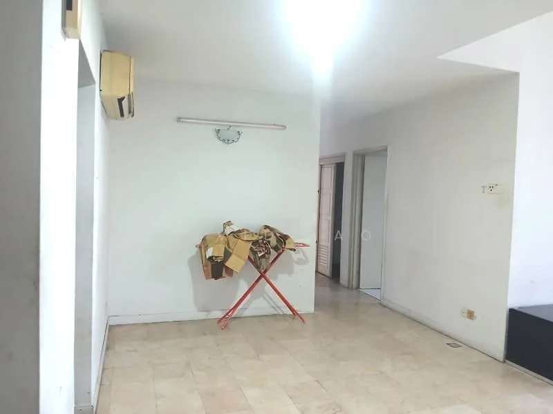 Room features: white painted walls, tile flooring, 1 wall-mounted split AC, light fixture on ceiling, folding table, doorway leading to another room.