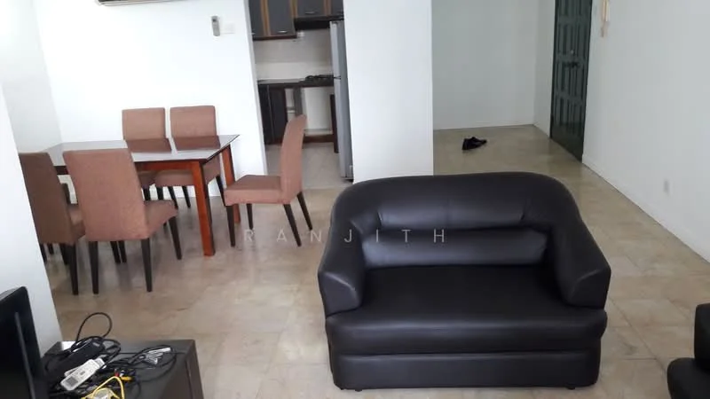 Living features: black leather sofa, coffee table, area rug, wall-mounted TV, tile flooring, white painted walls, recessed lighting, open layout to dining area; style: modern. Dining features: wood dining table, 4 upholstered dining chairs, tile flooring, white painted walls, open layout to living area; style: modern.