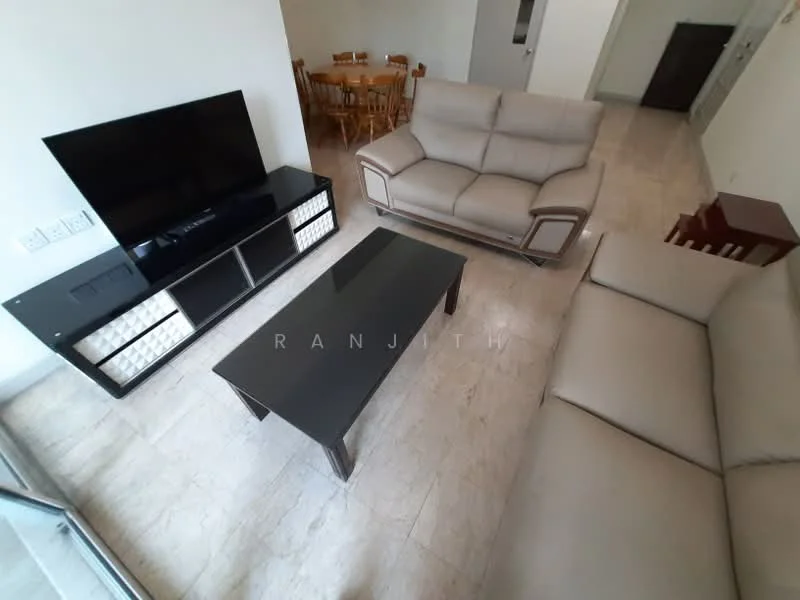 Living features: 2-seater fabric sofa in light beige, 3-seater fabric sofa in light beige, black coffee table with glass top, TV console with storage, wall-mounted flat-screen TV, marble tile flooring, neutral painted walls, area rug, dining table visible in background, open layout to adjacent room; style: modern.